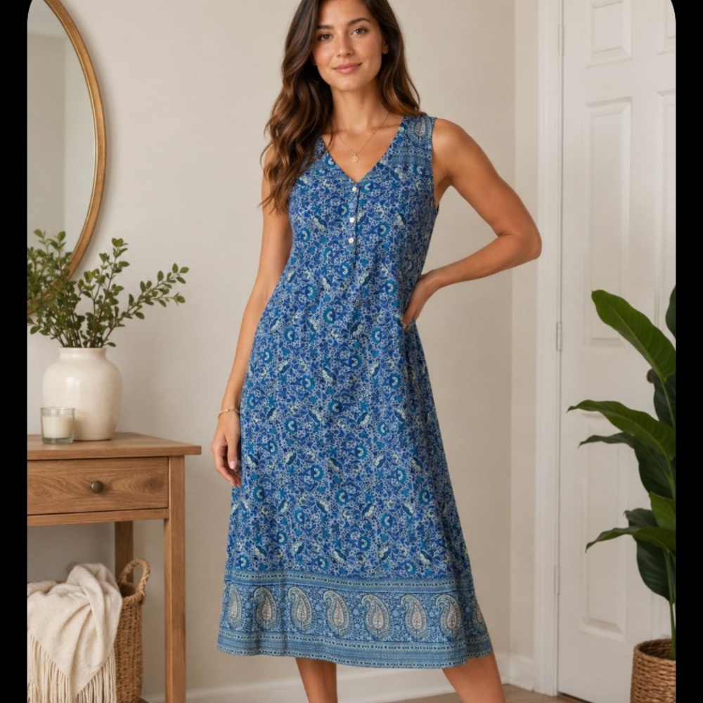 J. Jill Blue Paisley V-Neck Button-Front 100 percent cotton  Midi Dress